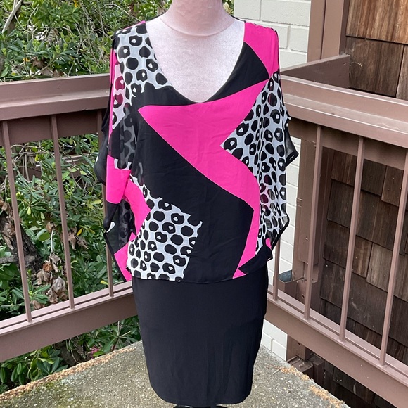 Frank Lyman  color block pink black 80’s VTG dress sheer abstract overlay, 6 - Picture 2 of 10
